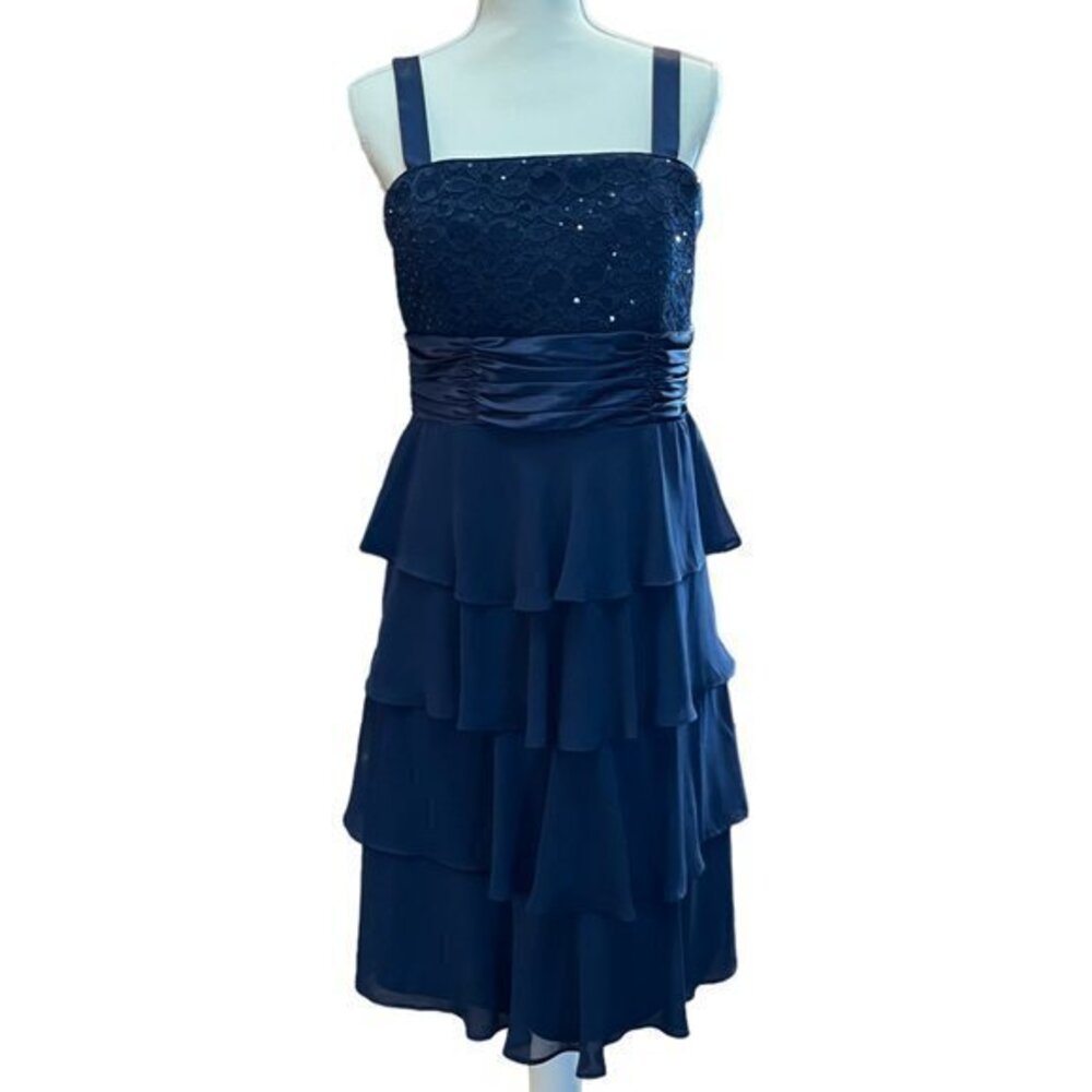 R&M Collection Sequin Tiered Ruffle Chiffon Dress Size 12 in Navy Blue